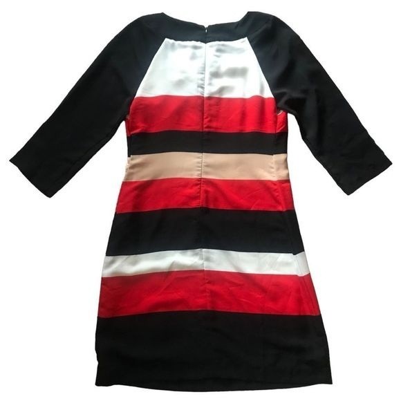 ECI “Beige” Dress Colorblock Shift Fit Zip Back 3/4 Sleeves Size 6 - Picture 4 of 7